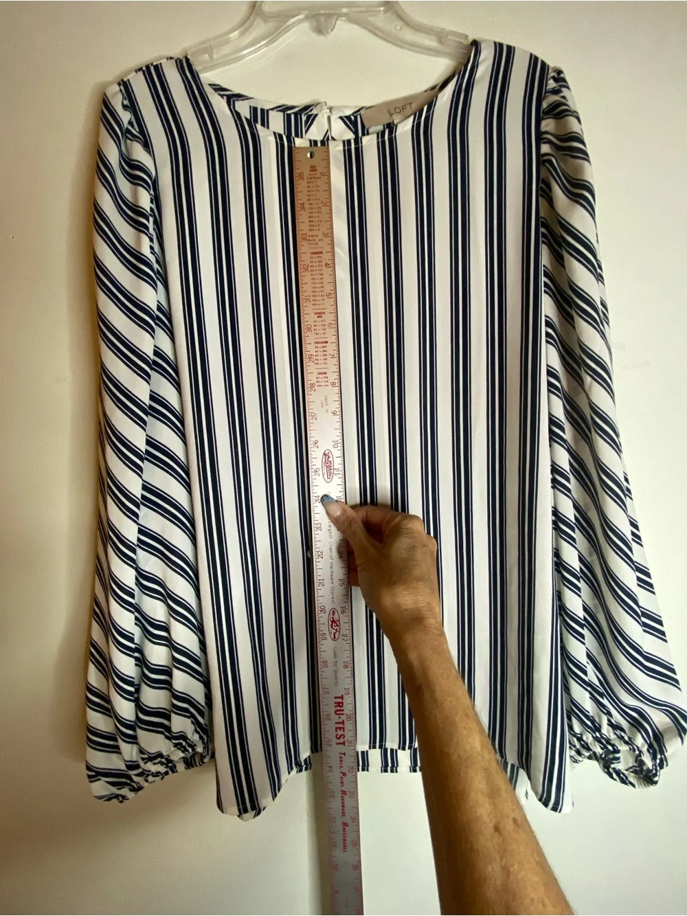 LOFT White Blouse with Navy Vertical Stripes